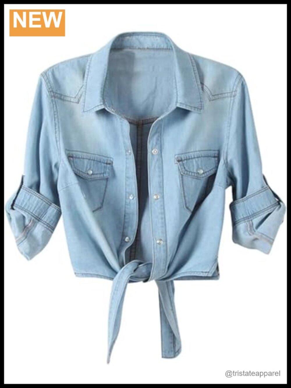 Women's Front Tie Denim Crop Top 3/4 Sleeve Button-Up Blouse with Pockets